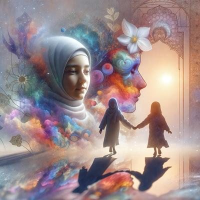 The primary subject of the image is a woman wearing a white headscarf, standing in front of a colorful background. The setting appears to be a fantasy world, with a sun in the background and a doorway visible. The visual style of the image is digital art, with a vibrant and lively atmosphere. The colors and mood of the image are predominantly warm and inviting, with the woman's white headscarf contrasting against the vivid background.